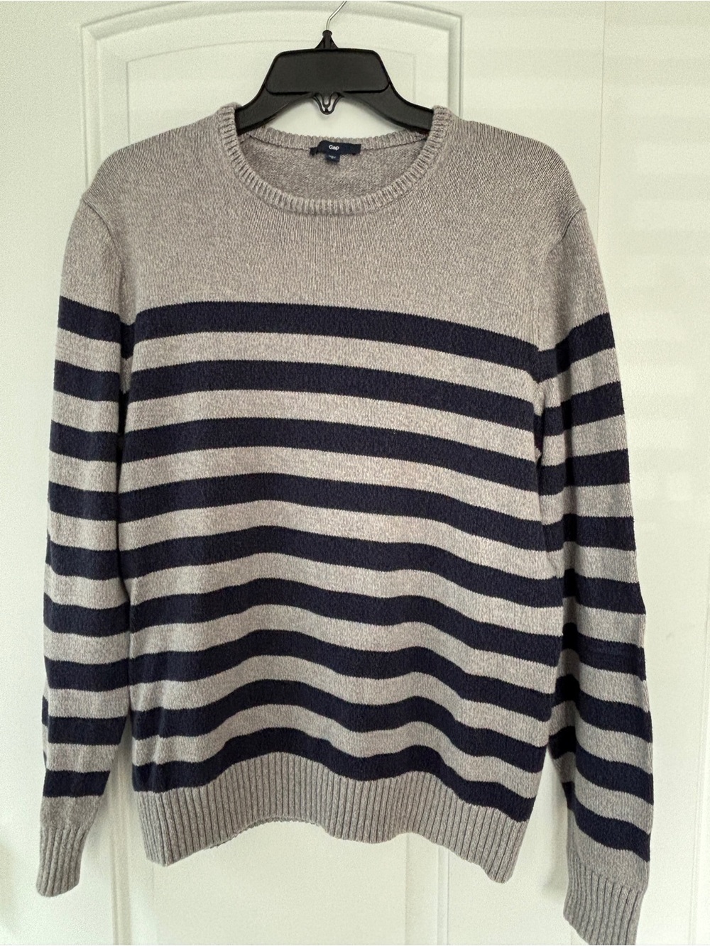 GAP Men’s Gray Crewneck Sweater with Navy Stripes